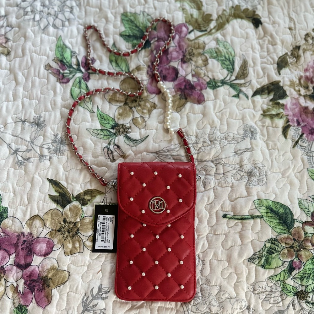 Badgley Mischka Red Quilted Phone Case with Pearl Chain | NWT